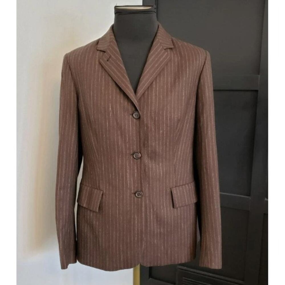 EUC Piazza Sempione Classic Brown Virgin Wool Pin Striped Blazer Jacket 42 6